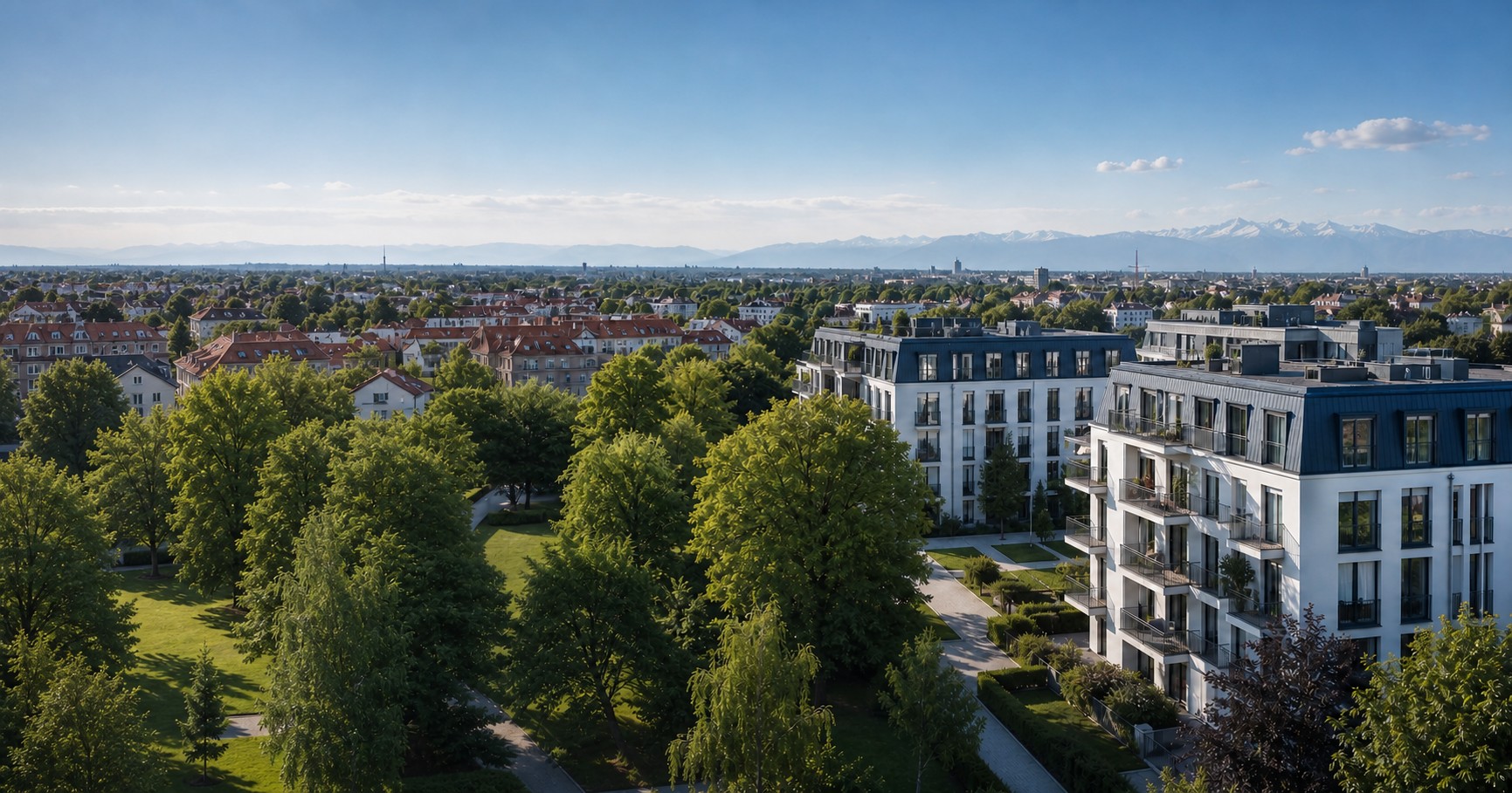 Gepflegte Münchner Wohnanlagen mit Blick über die Stadt bis zu den Alpen